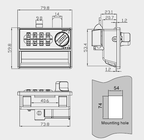 4-Digital Combination Lock Dimension